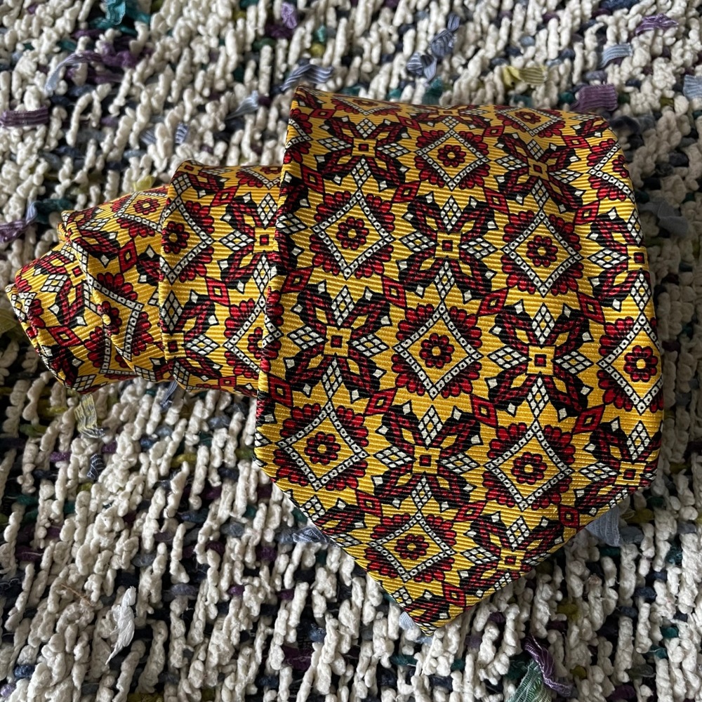 Gianfranco Ferré vintage yellow silk necktie ornate multicolor geometric foulard